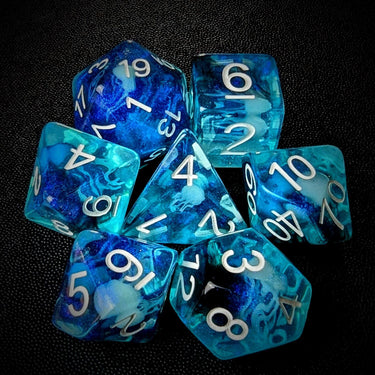Glow in the Dark Jellyfish in Clear & Blue Resin - 7pcs RPG Full Dice Set